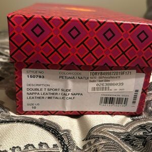 New in Box Tory Burch Double T Sport Slide Nappa Leather Petunia/Natural Size 10